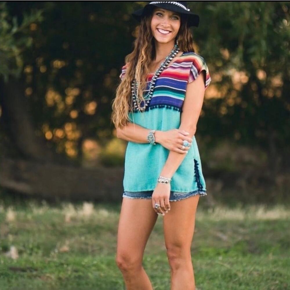 SILVERADO | Womens Handmade Southwestern Boho Cotton Top $159 NEW Size M Pom Pom